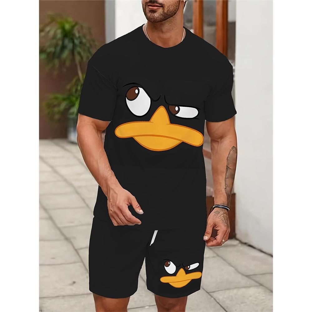 

Men s Summer Casual Two-piece Set Cartoon Duck Printed Short Sleeve T-shirt Shorts Combo Set Breathable And Comfortable S