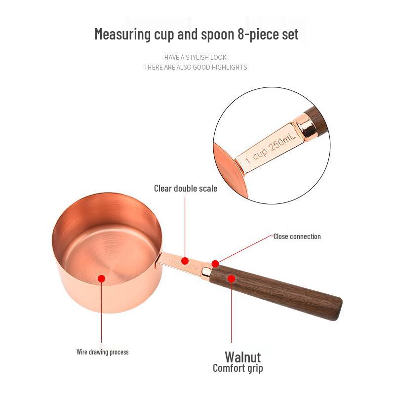 8-Piece Walnut Wood and Stainless Steel Measuring Cup and Spoon Set - Includes 15ml, 30ml Coffee and Baking Spoons