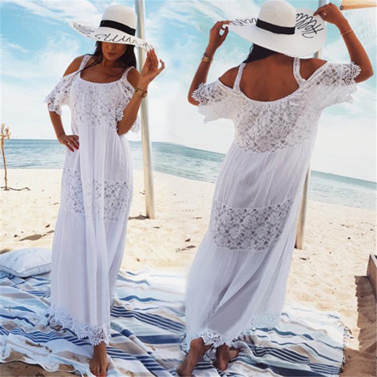 European & American Cotton Blend Lace Embroidery Spaghetti Strap Beach Cover-up Dress