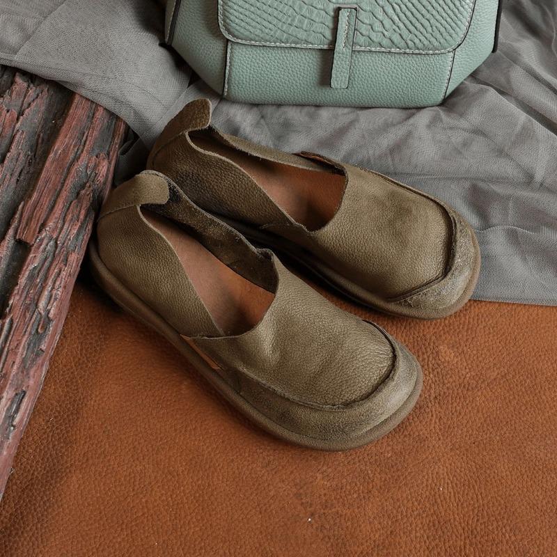 Spring and Autumn new handmade soft leather single shoes women's retro round head flat bottom soft sole ugly cute shoes