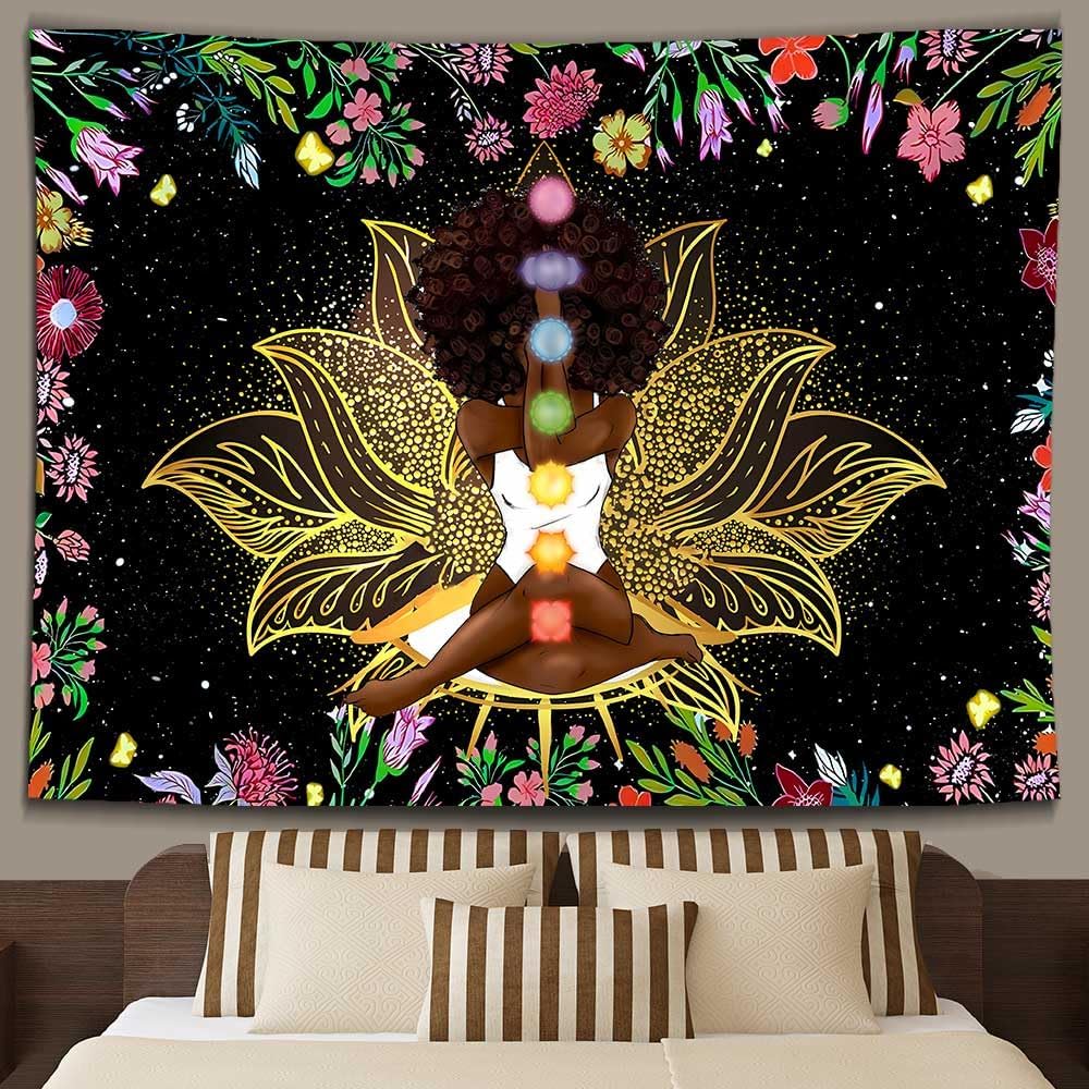 Ine Ive African Chakra Tapestry African American Woman Zen Meditation Tapestries 80x60 Inch Starry Sky Flower Garden Inspirational Afro Yoga Wall Art