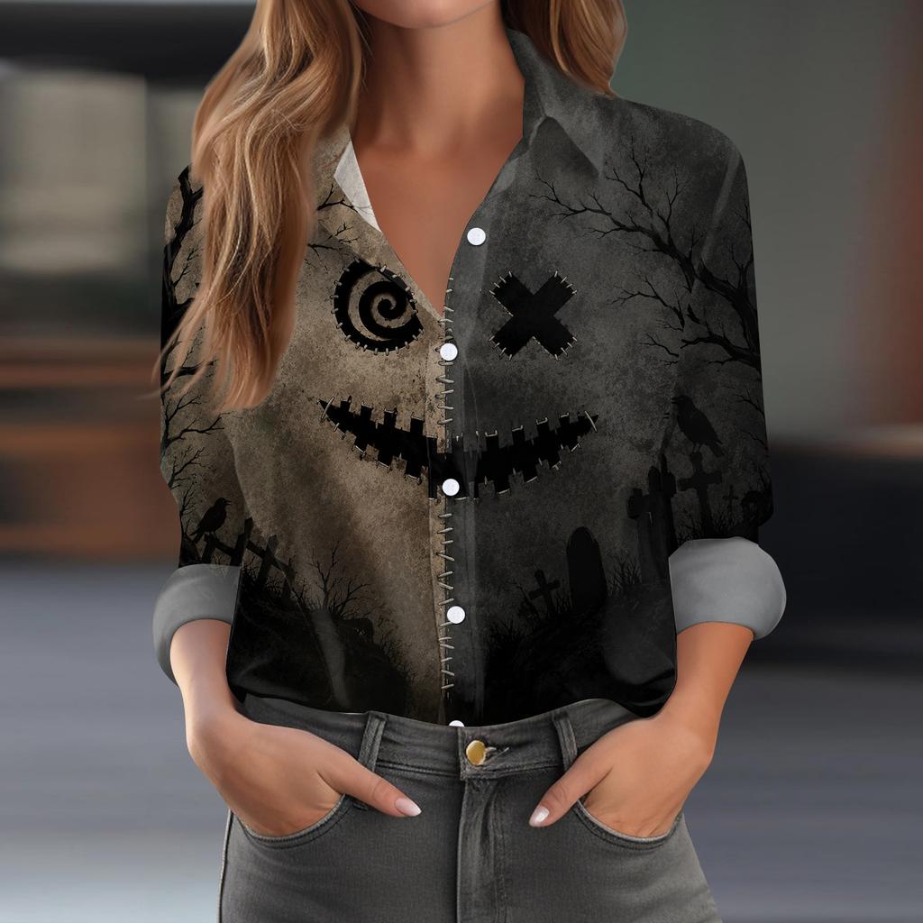 Women's Button-Down Shirt Long Sleeve Casual Halloween Print Top