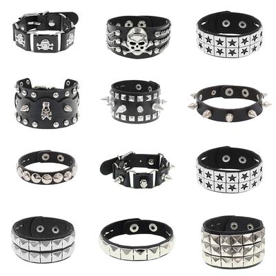 New Harajuku Round Gothic Skeleton Star Skull Punk Rivet Bracelet Retro Couple Bangle PU Leather Bracelet Jewelry Gift