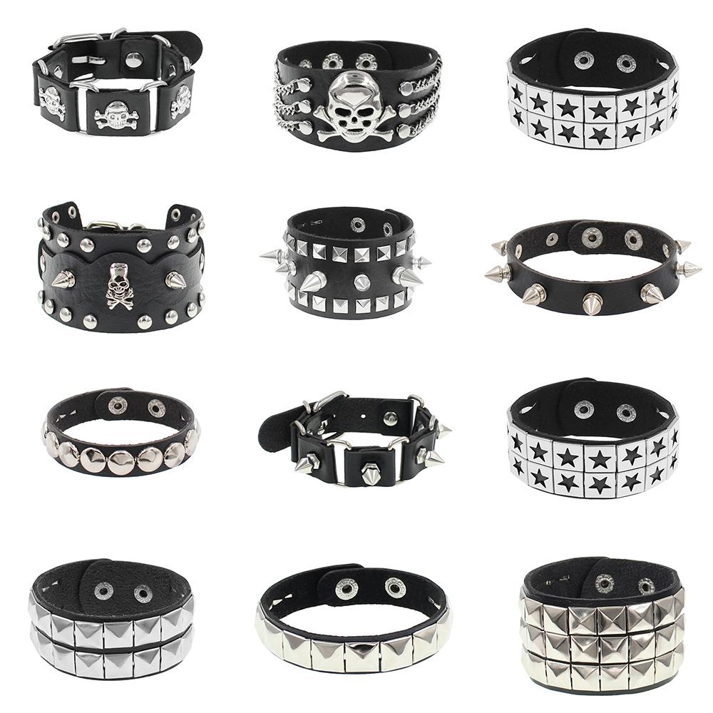 New Harajuku Round Gothic Skeleton Star Skull Punk Rivet Bracelet Retro Couple Bangle PU Leather Bracelet Jewelry Gift