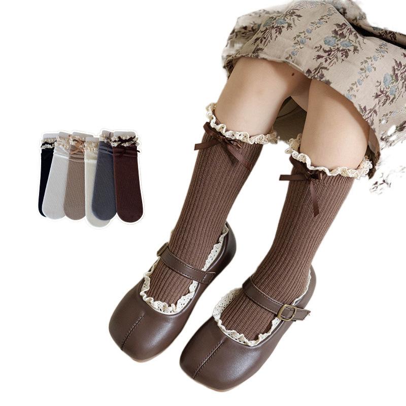 Księżniczka Urocza Młodsza Dziecięca Skarpetka dla Dziewczynki Retro Koronka Falbanka Kokarda Podkolanówka dla Dzieci Wiosna Jesień Miękka Bawełna Frotte Skarpetka Szkolna