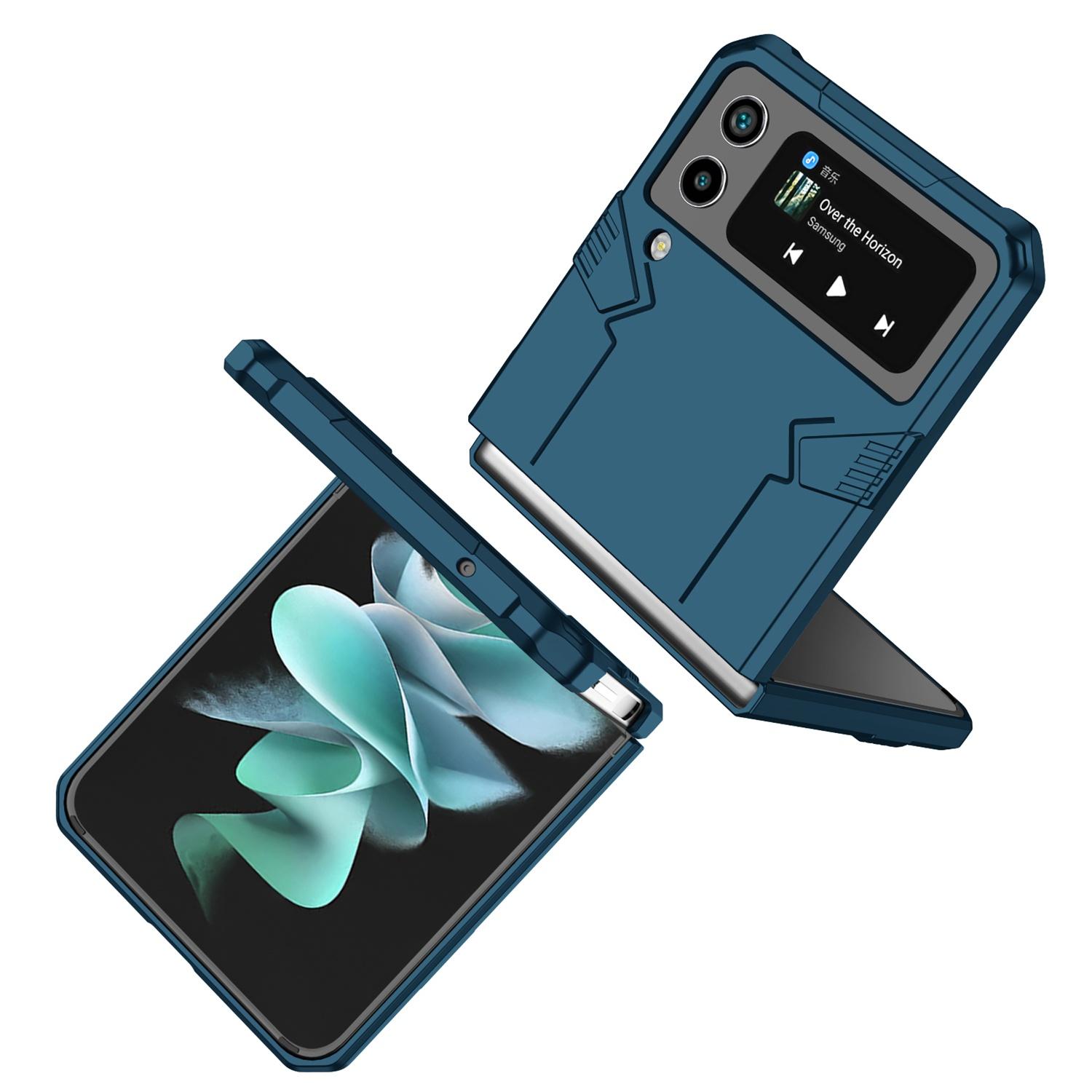 

For Samsung Galaxy Z Flip4 5G Metal Ring Holder Kickstand Folding Phone Case with Car Mount Metal Sheet Dark Blue