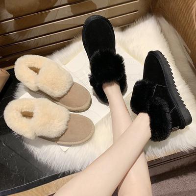 Winter Snow Boots Women's Fur Integrated Zipper Beige Flat Pregnant Women Short Warm Plus Velvet Thick Cotton Shoes