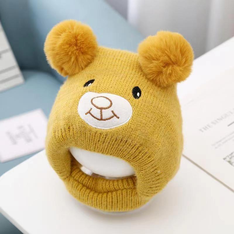 Cute Cartoon Bear Baby Hat Scarf Winter Warm Double Pompom Ear Protection Hats Bonnet Newborn Toddler Boy Girl Beanies