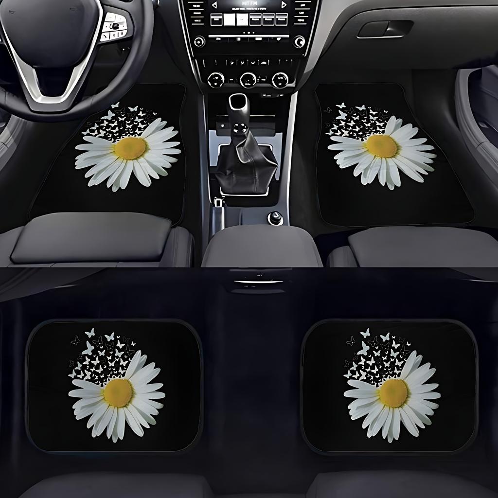 4pcs White Daisy Butterfly Car Non-Slip Carpet | Polyester, Easy To Clean & Install, Suitable for Cars & SUVs, Universal Fit