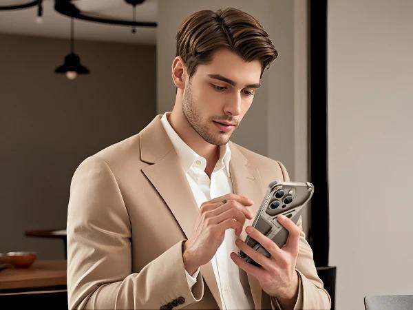 Oatsbasf for iPhone 16 Pro/Pro Max Case Geometric Design Metal Frameless Minimalist with Adjustable Kickstand Bumper Protective