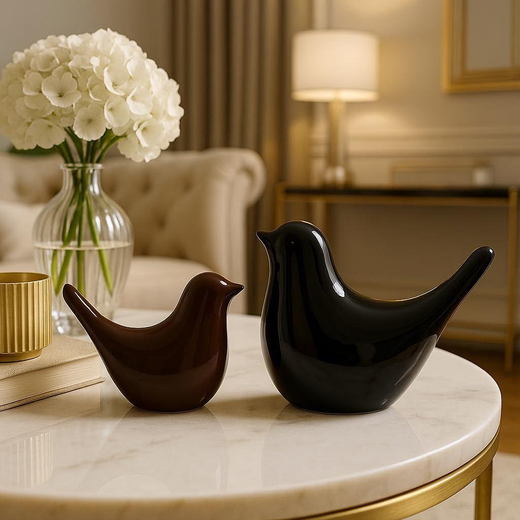 Creative Black and Brown Glossy Ceramic Birds Figurines Home Decorations Accessories Party (Pack of 2)