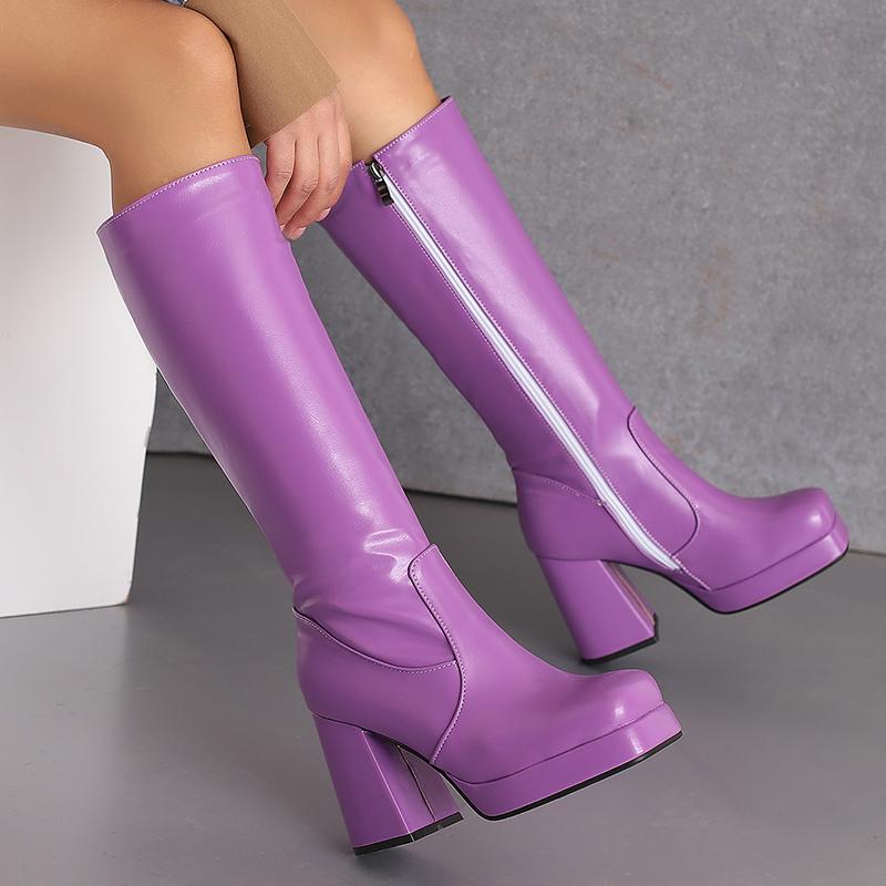 Candy Colored Glossy Patent Leather Material For Women's Knee Boots Square Toe Platform Ultra-High Thick Heel Winter Long Boots