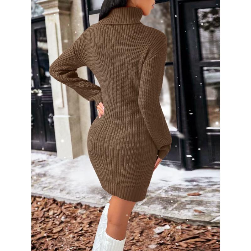 Autumn and Winter Brown Sugar High Neck Sweater Women Long Sleeve Knit Sweater Wrap Hip Dresses
