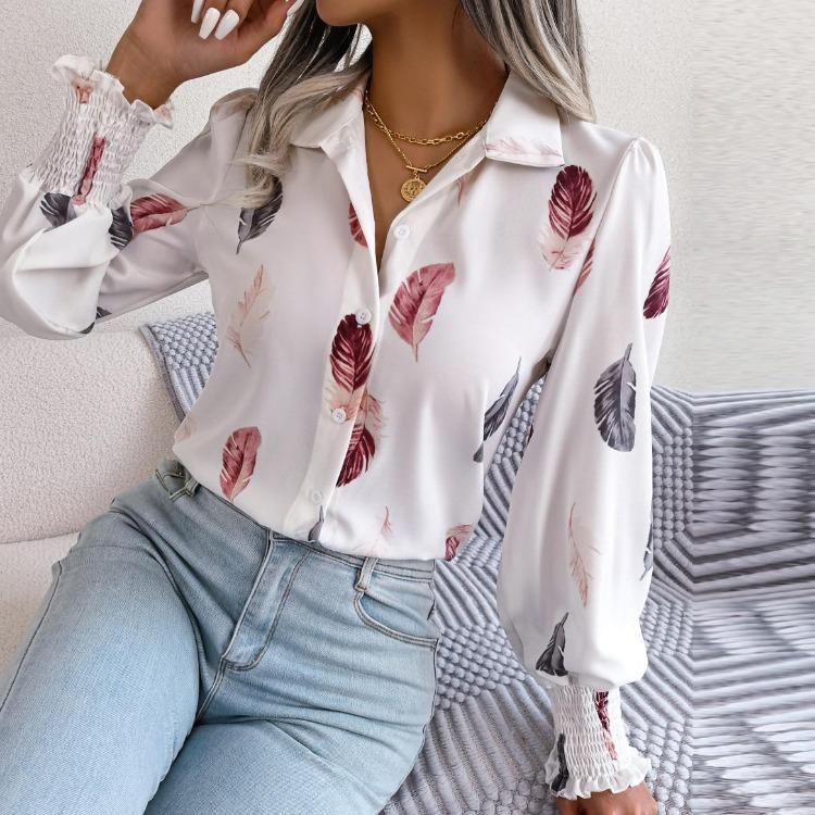 Ladies Fashion Women Polo Shirt Single Breasted Feather Lantern Sleeve Tops Spring Summer Temperament