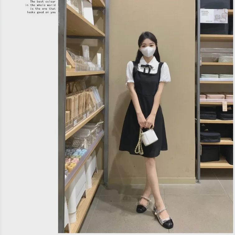 Women's Large French College Style Black Two-Piece Polo Dress - Waist Slimming A-Line Summer Skirt