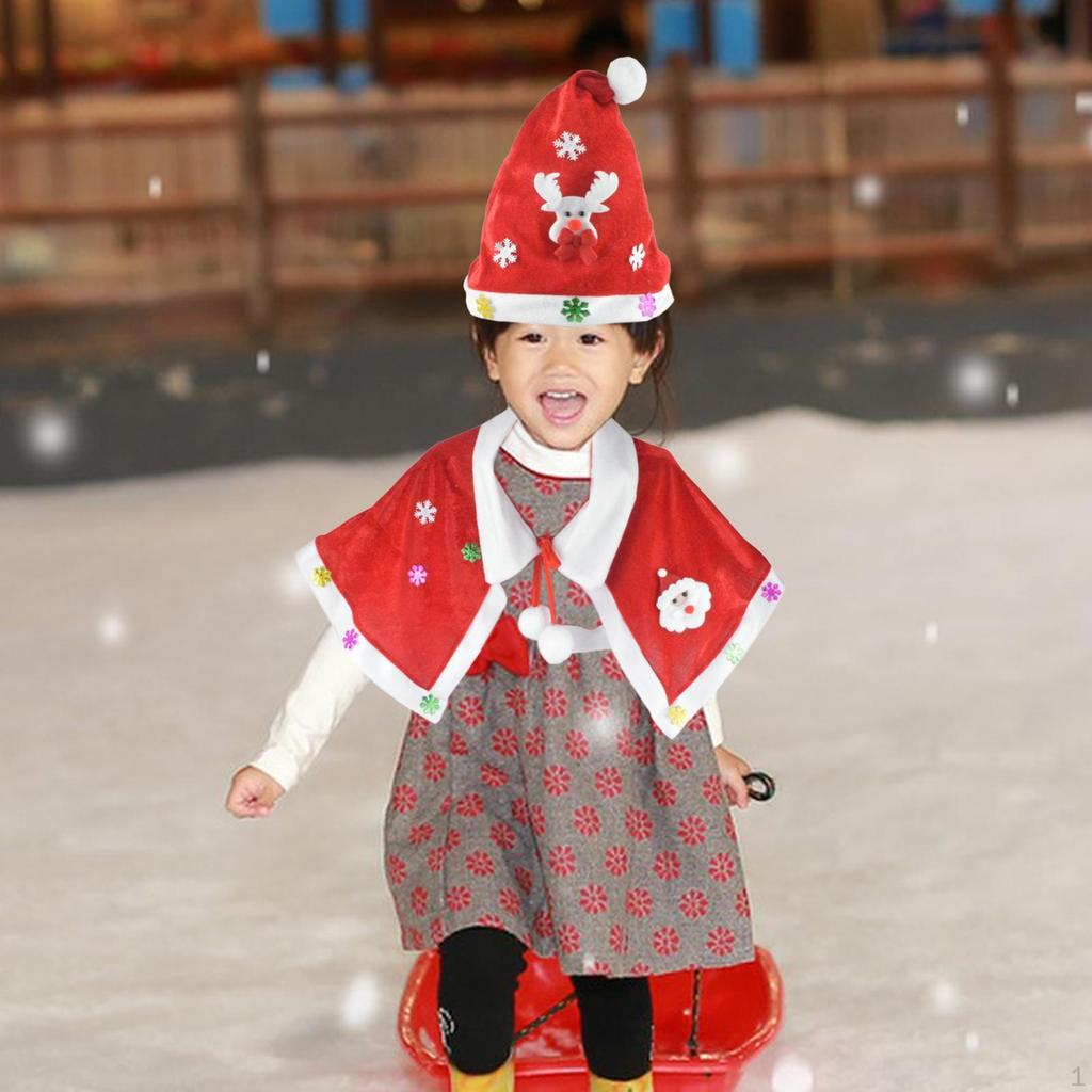 Christmas Cloak Red Velvet Cape with Plush Balls Lace Up Dress W/ Hat Santa Shawl for