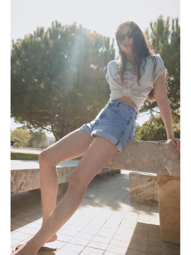 High-Waisted French Style Rolled Hem Denim Shorts
