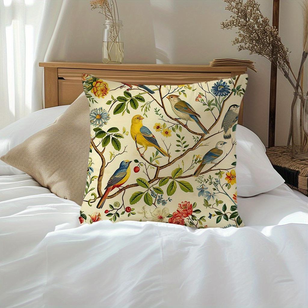 1pc Vibrant Bird Floral Print Illustration Throw Pillow Cover Decorative Pillow Covers for Living Room Bedroom Home Party Decor