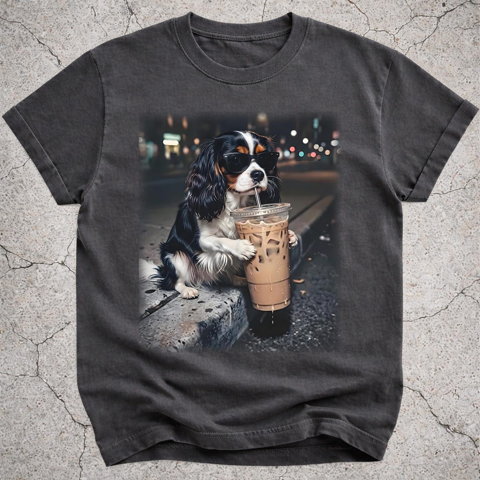 Funny Cavalier King Charles Spaniel Drinking Iced Coffee Shirt, Animal Meme Tee, Dog Lover Gift 4XL