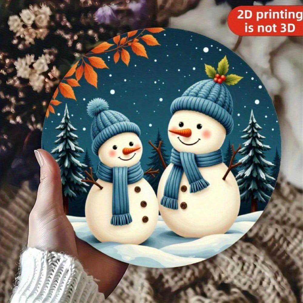 Vintage Snowman Family Tin Wall Art 8x8 Inch Retro Christmas Holiday Home Decor Metal Circular Sign