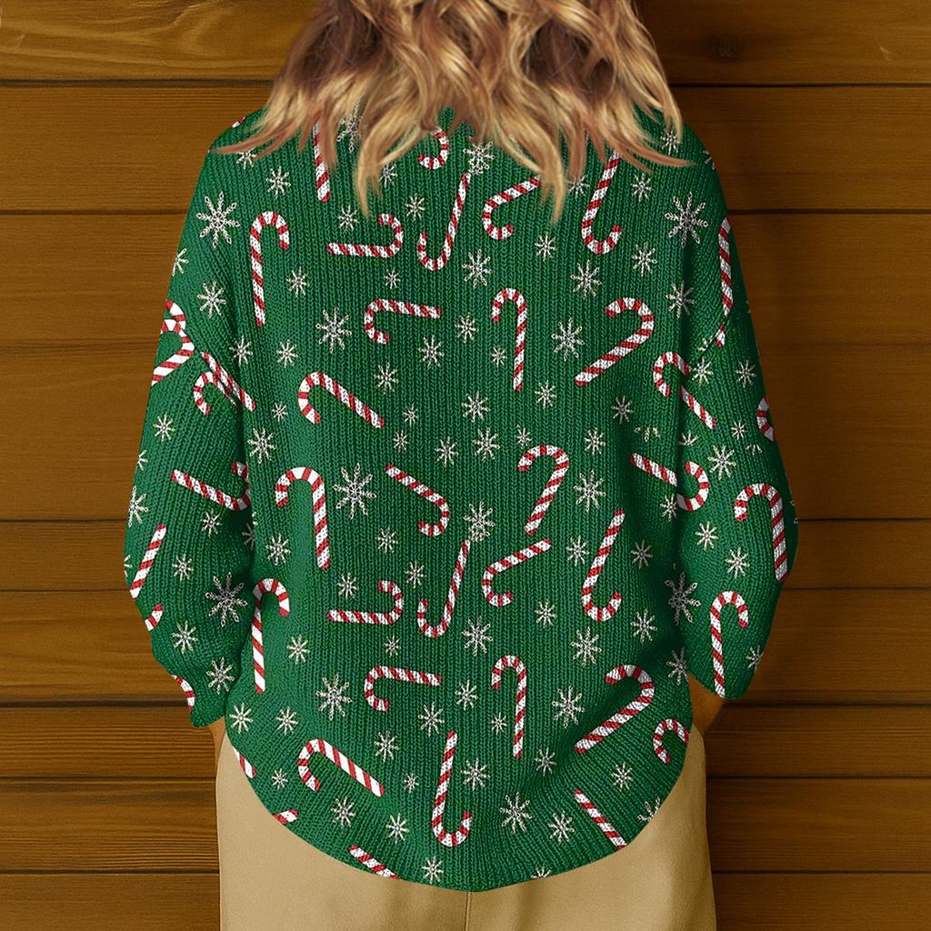 Women's Casual V-Neck Long Sleeve Knitted Christmas Print Pullover