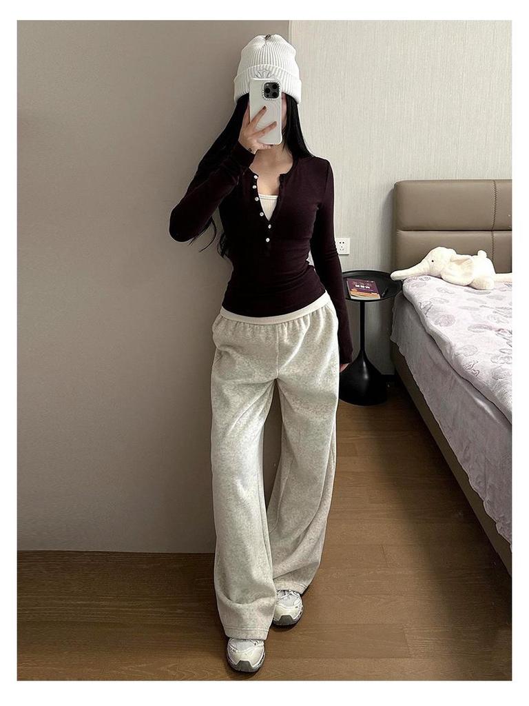 Women's Slim Fit Faux Cashmere Henley Top - Autumn/Winter Long Sleeve