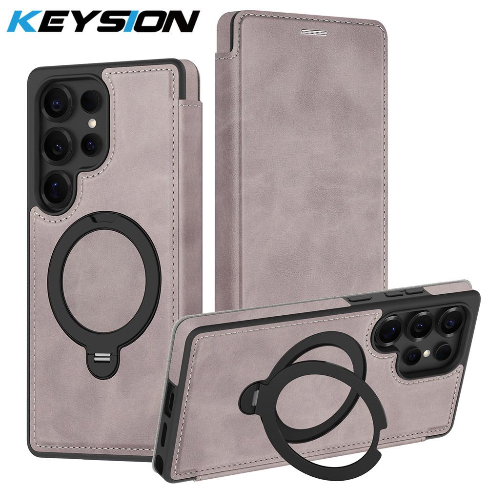 

KEYSION Leather Flip Wallet Case for Samsung Galaxy S22 S23 S24 Ultra 5G S24+ S23 FE Card Slots Magnetic 360 Ring Stand Phone Cover for Galaxy S22 Ultra сірий