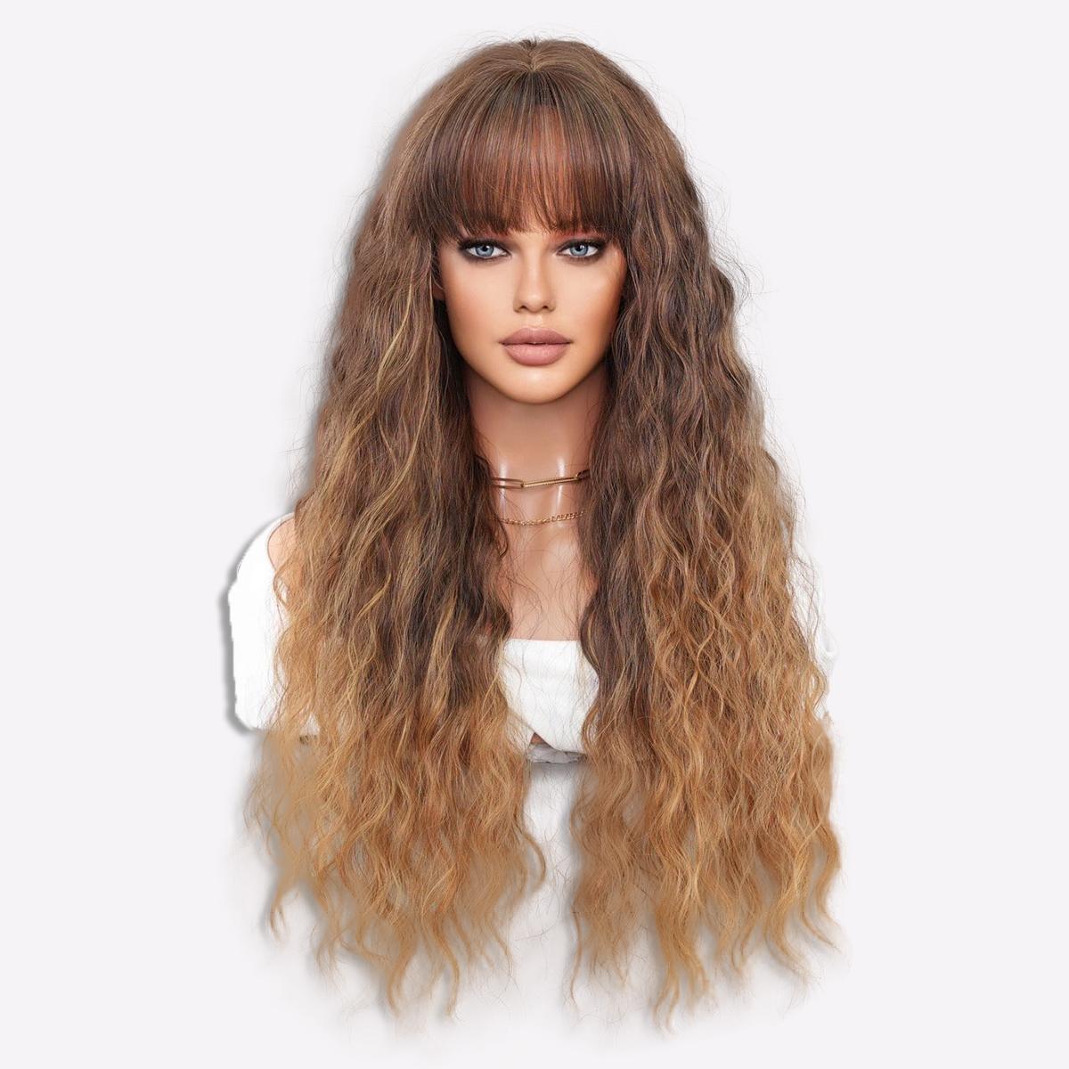 

28-дюймовый парик с глубокими волнами в стиле пепельно-коричневого балаяжа — термостойкие синтетические волосы с пышной челкой, естественные пляжные волны для повседневного гламура 69cm 28 inch коричневый