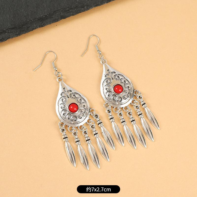 Vintage Miao silver fringed earrings with turquoise long Indian bohemian earrings Exotic earrings