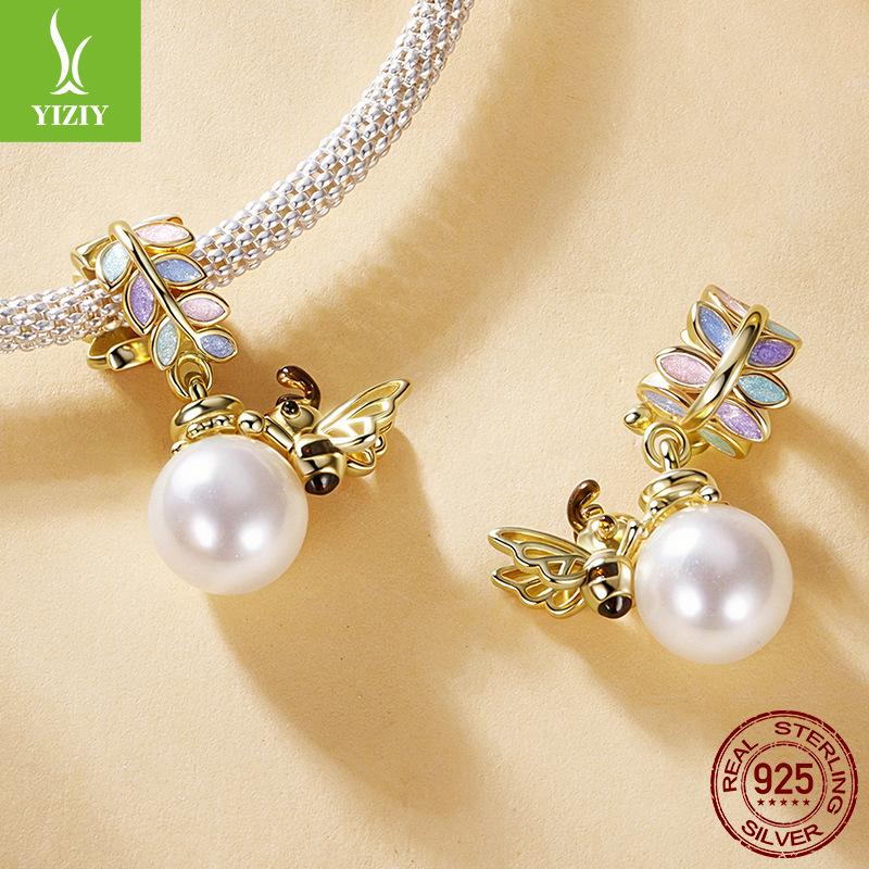 S925 Sterling Silver Plated K Gold Pearl Bee Pendant Small Fresh Insect Diy Bracelet Beaded