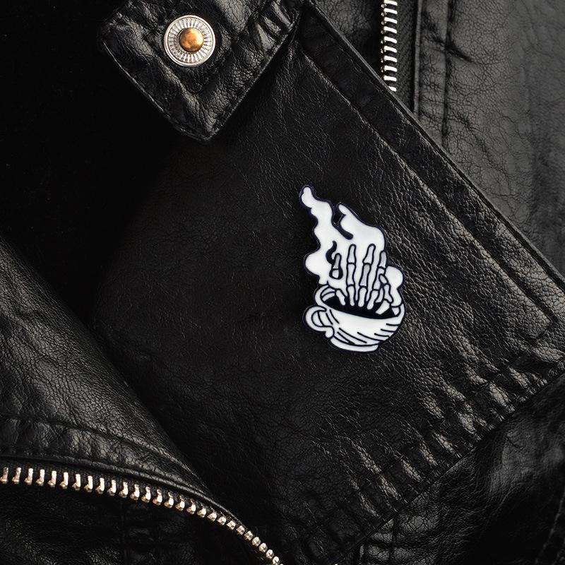 Skull Hand Coffee Cup Brooch: Trendy Punk Design
