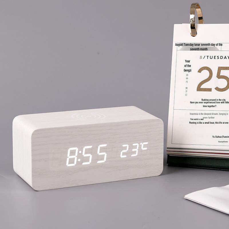 Wireless LED Wood Clock: Digital Alarm with Thermometer, Calendar & Charging Function