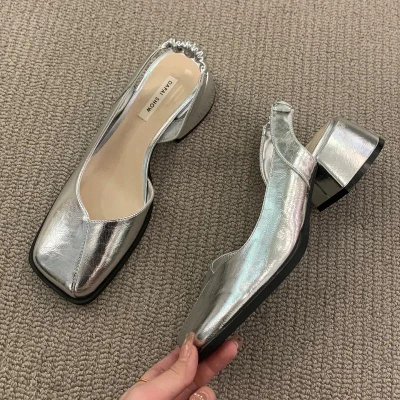 Summer Elegant Ladies Sandals Fashion Ladies Elastic Band Flat Heel Women Shallow Party Shoes Square Heel 35-39