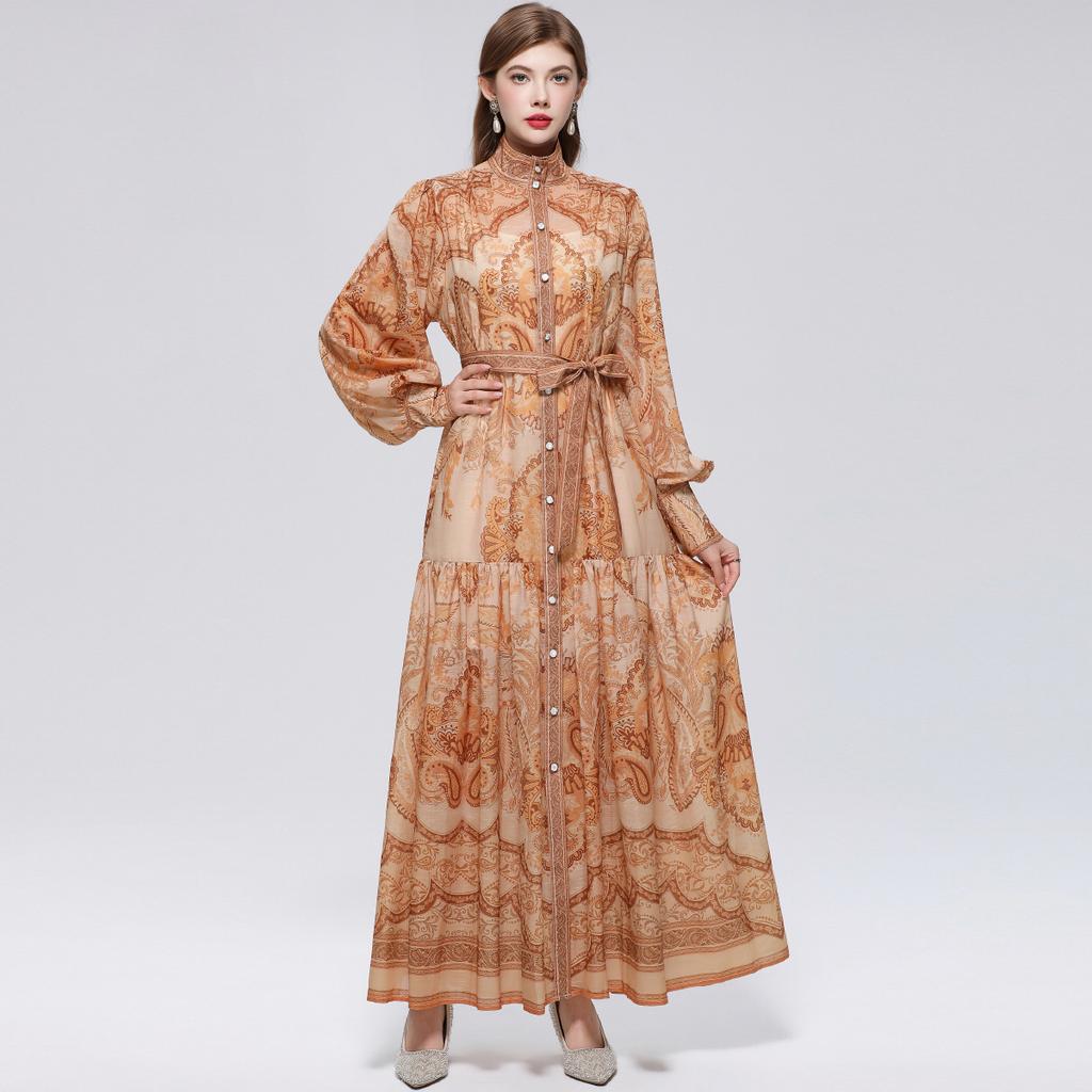 Women's Floral Pattern Printed Stand Collar Lantern Sleeve Holiday Dress Summer Autumn New Fashion Vintage Chiffon Long Maxi Dress