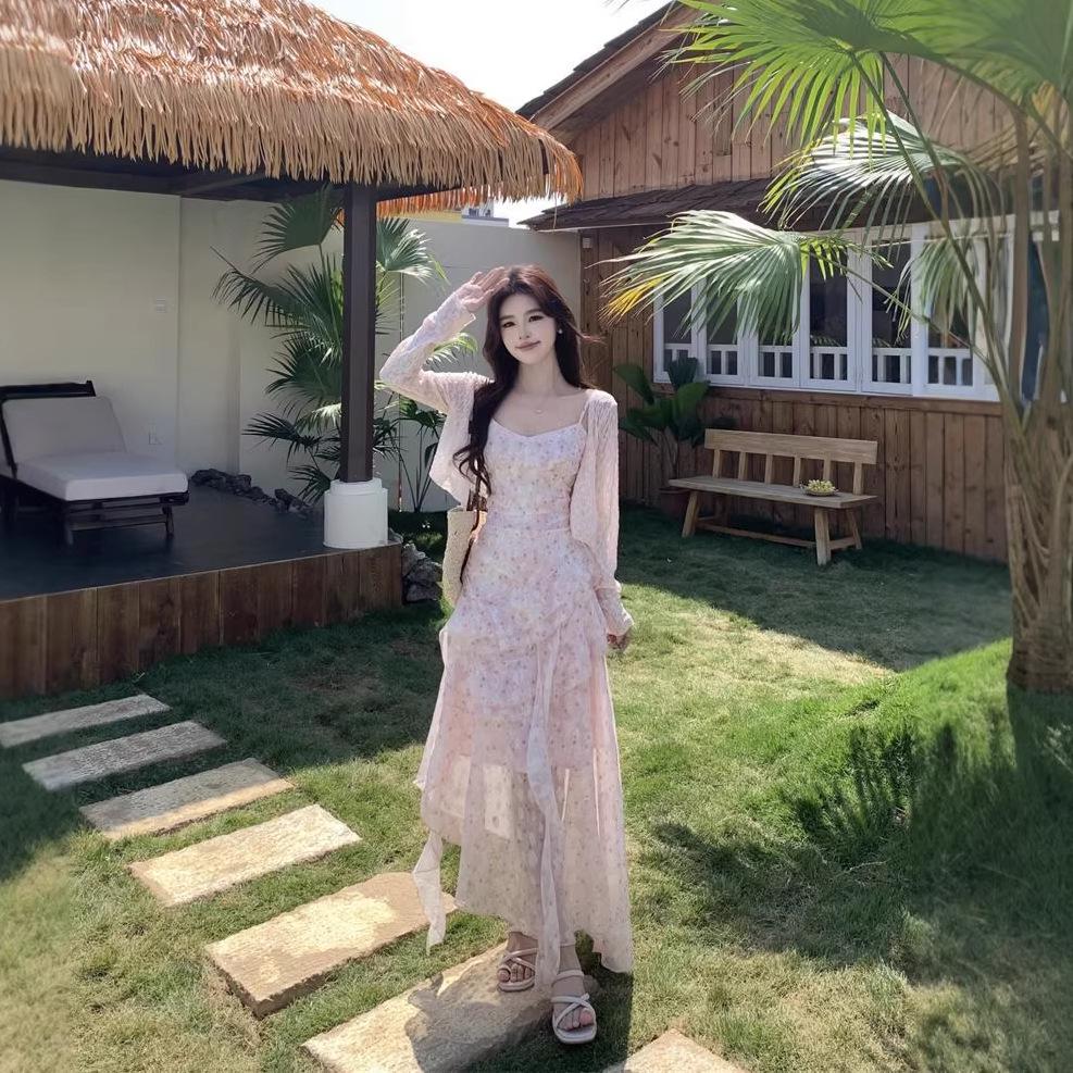 Women's Floral Print Camisole Dress & Cardigan Two-Piece Set - Spring Lace Long Dress