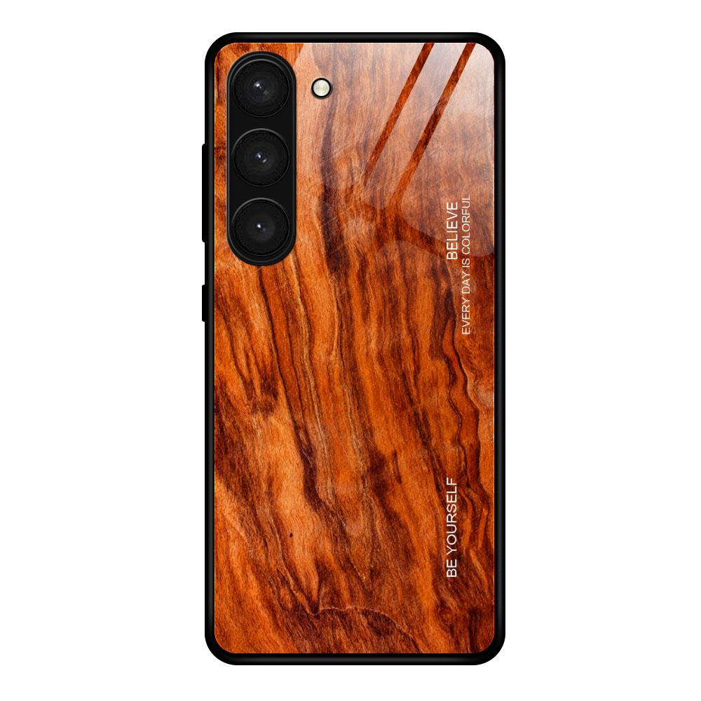 

For Samsung Galaxy S24+ Protective Case Wood Texture Tempered Glass TPU Frame Phone Cover Orange
