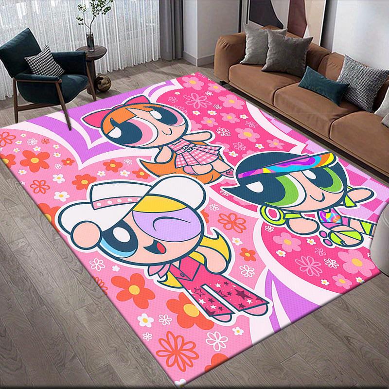 The Powerpuff Girls Flannel Pattern Square Carpet,Area Rug,Carpet Rug for Living Room Bedroom Sofa Playroom Decor,Non-slip Floor Mat