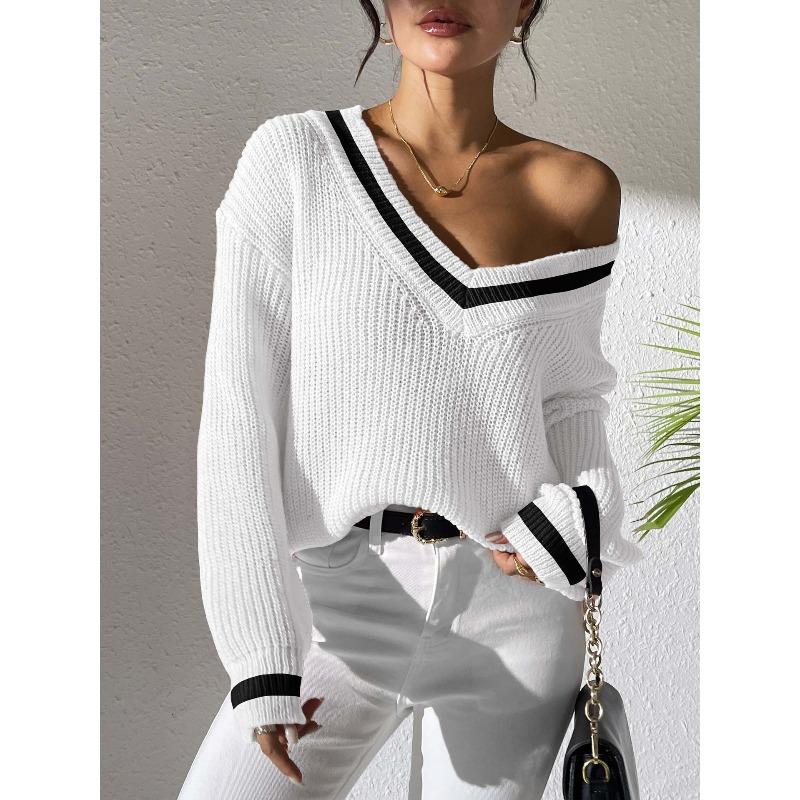 TIFICY Women's Fashion Casual Fall Winter Colour Block Print Long Sleeve V-Neck Sweaters