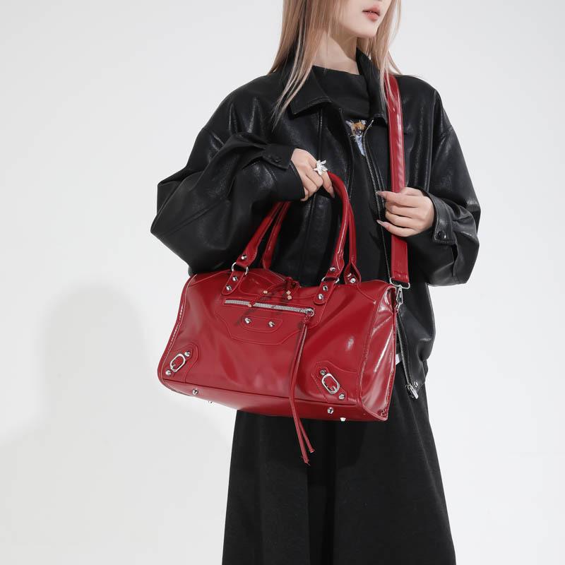Glossy Faux Leather Duffel Bag Women's Fashion Shoulder Tote with Front Zip Pocket and Adjustable Strap
