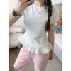 Summer New Lace Heavy Industry Hem Splicing Slim T-shirt Women's Foreign Style Round Neck Versatile and Thin Top