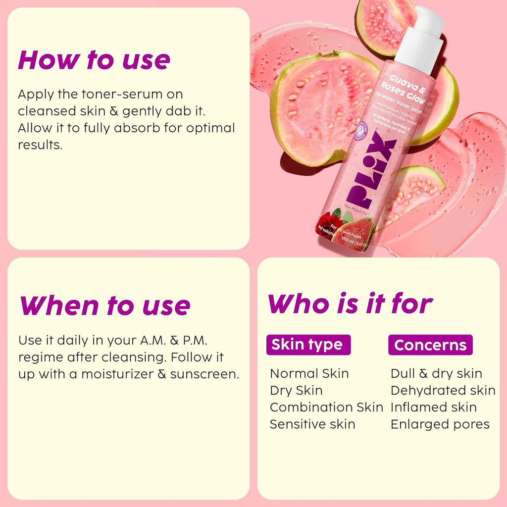 PLIX The Plant Fix Guave & Rosen Glow Fettiges Wasser Toner Serum 2-in-1 Feuchtigkeitsspendender Gesichtstoner 150ml