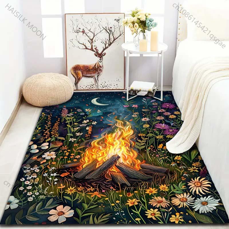 Flowers and Bonfire Print Carpet for Bedroom Living Room Bedside Sofa Floor Mat Modern Home Decor Space Area Rug for Gifts