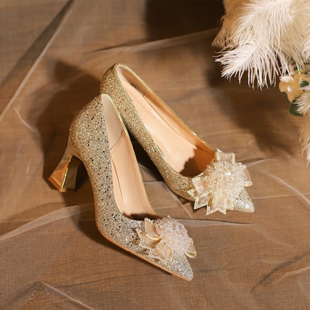 Crystal Wedding Shoes Womens New Xiuhe Main Wedding Dress Two Wear Bridesmaids High Heels Bridal Shoes Large Size Plus Fat Pumps