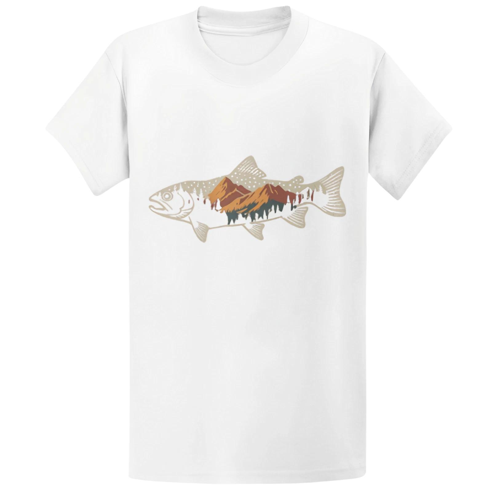 Gildan 5000 Mountain Fish Graphic T-Shirt - Nature Outdoor Lover Gift Tee S