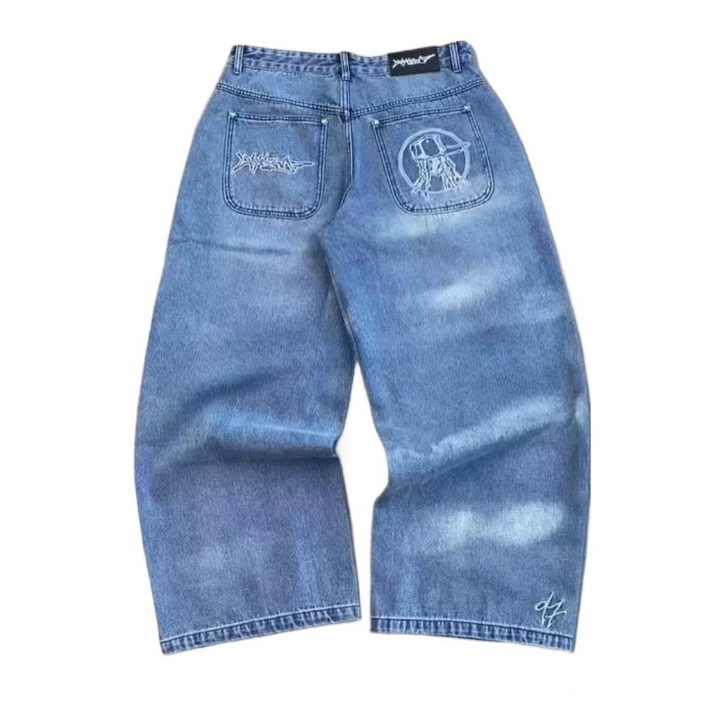 RogueWave Street Fashion Brand Wide Leg Jeans Y2K Hip-hop Retro Simple Print Loose Gothic Harajuku Horn Pants Ripped Jeans