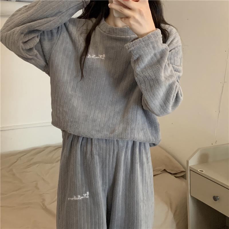 Damen Dickes Flanell Korallenfleece Pyjama Set - Niedlicher Langer Cardigan Homewear für Herbst und Winter