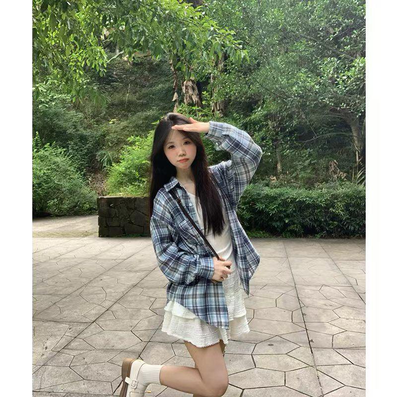 

Women s Blue Plaid Shirt Jacket - Casual, Versatile, Slimming Design, Hides Flesh, Gentle Temperament, Niche Style. L синій