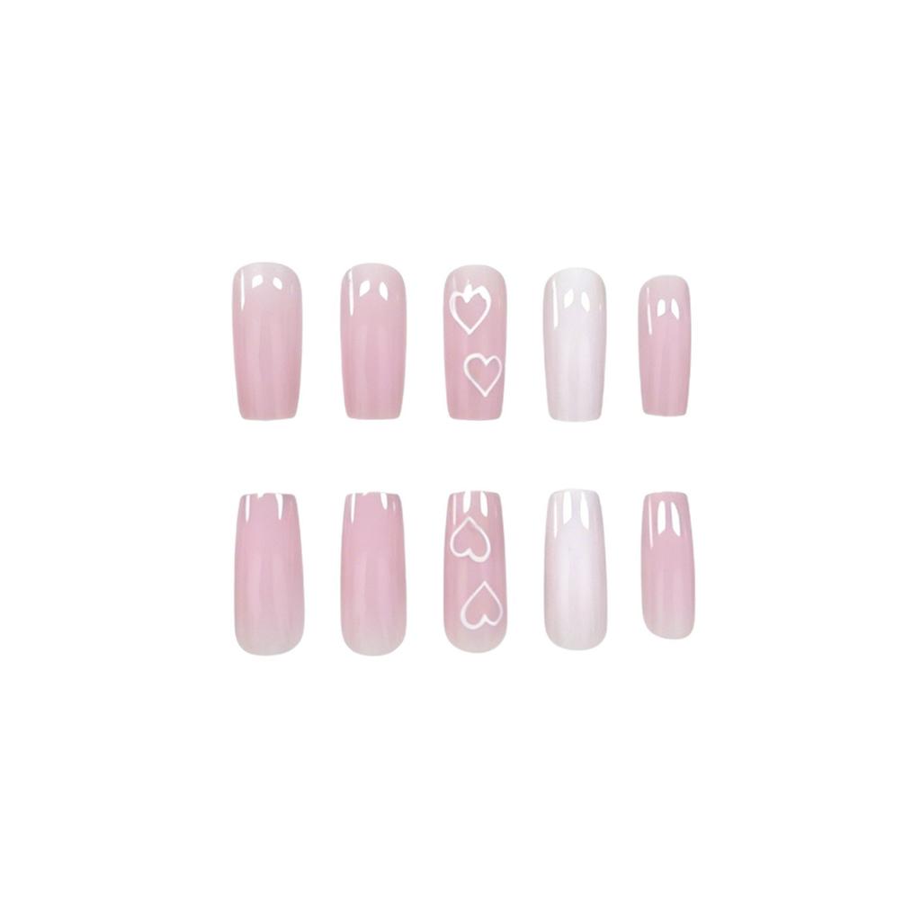24 Pieces Of Manicure Peach Powder Love White Glossy Valentine'S Day Super Long Square Wearing Nail