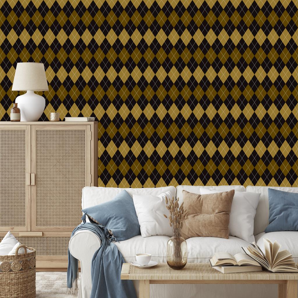 Autumn Plaid Wallpaper Ochre and Black for Living Room and Bedroom 50x1000
