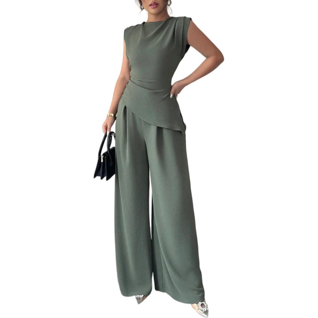 Women's 2-Piece Fashionable Casual Sleeveless Asymmetric Top And Wide-Leg Pants Set